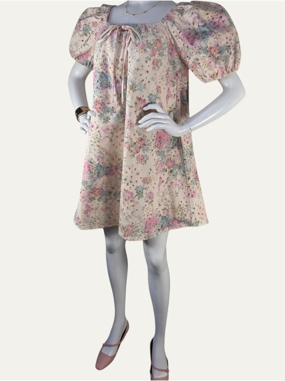 GeeGee Floral Eyelet Puff Sleeve Babydoll Dress Pockets Coquette NWT Small - Picture 4 of 14
